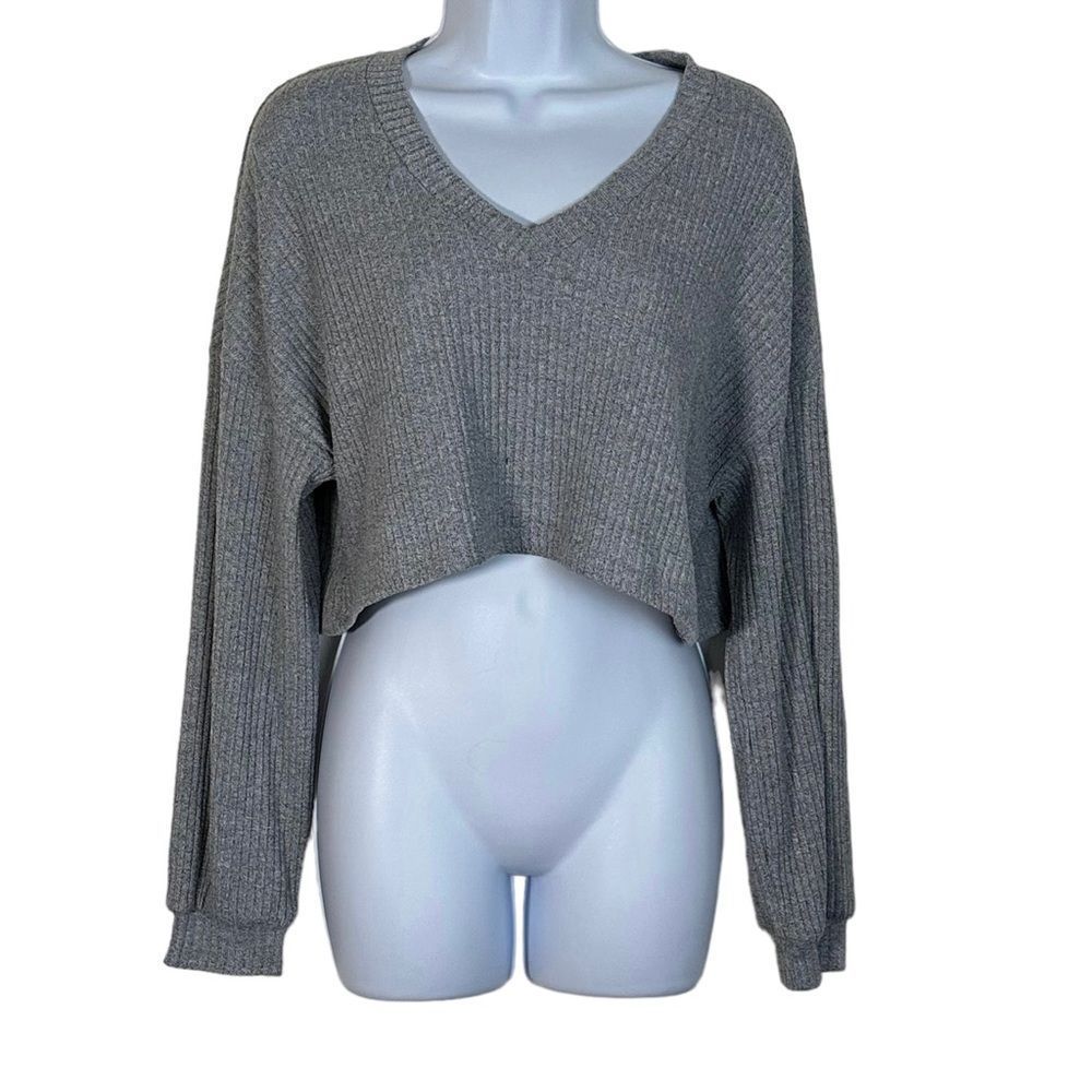 Shein Gray Ribbed Cropped Sweater V Neck Knit Top Long Sleeve Women’s Small